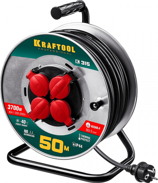 Удлинитель на катушке К-315 50м 3700 Вт 4 гнезда IP44 КГ 3x1,5 кв мм 55085-50_z01 KRAFTOOL
